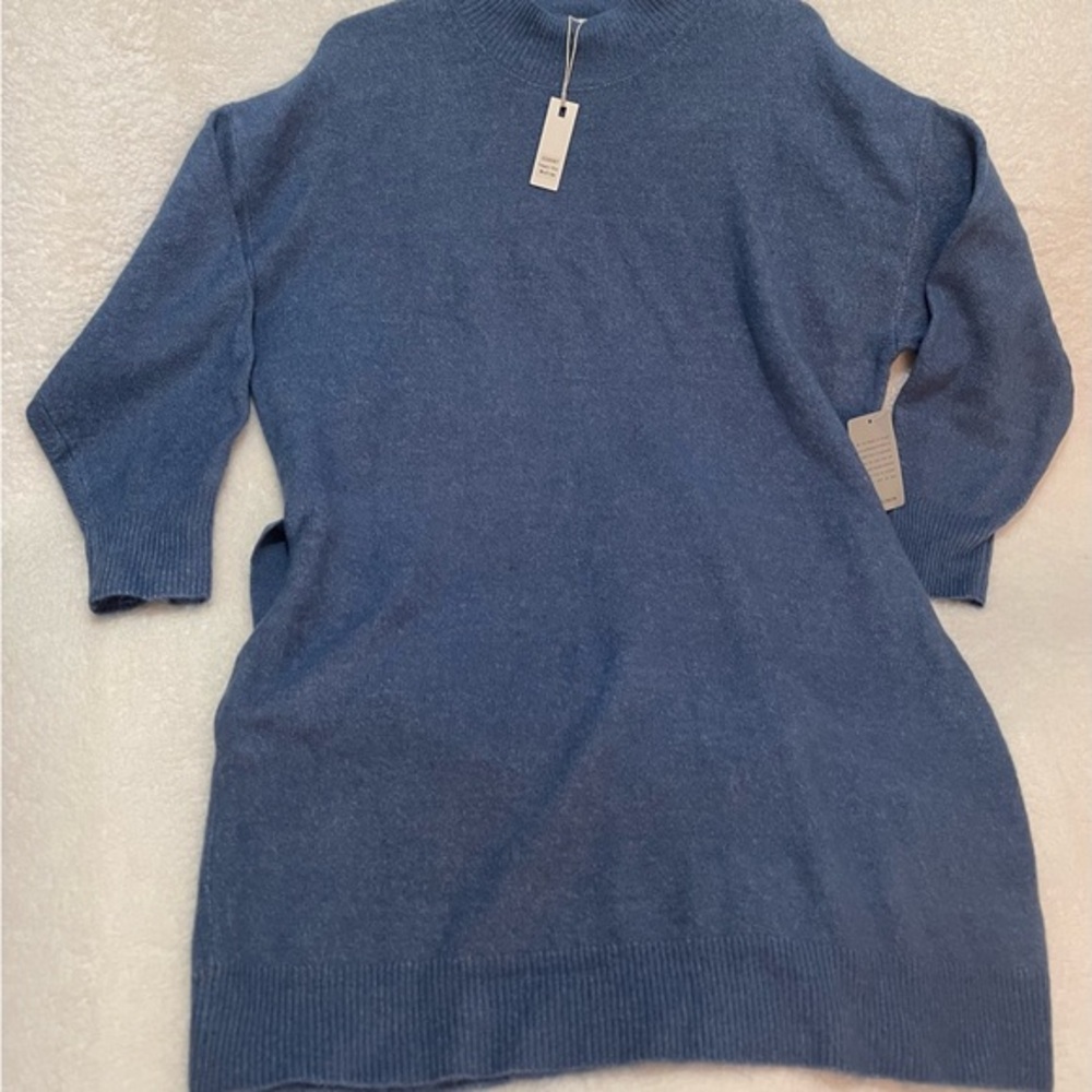 Stitch Drop Knitted Sweater Long Sleeve Dress Medium Blue Belt High Neck